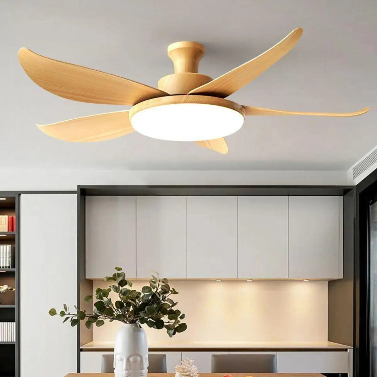 Remote Control Wooden 5 Blade Ceiling Fan with Light Image - 1