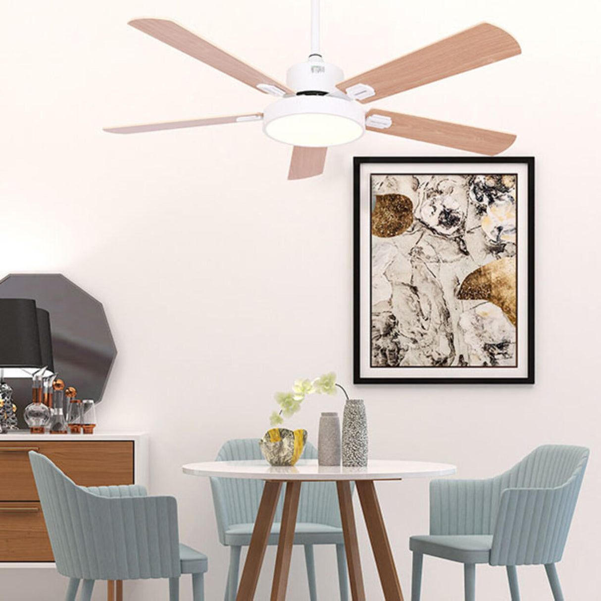 Modern Wooden 5 Blade Tricolor LED Ceiling Fan Light Image - 13