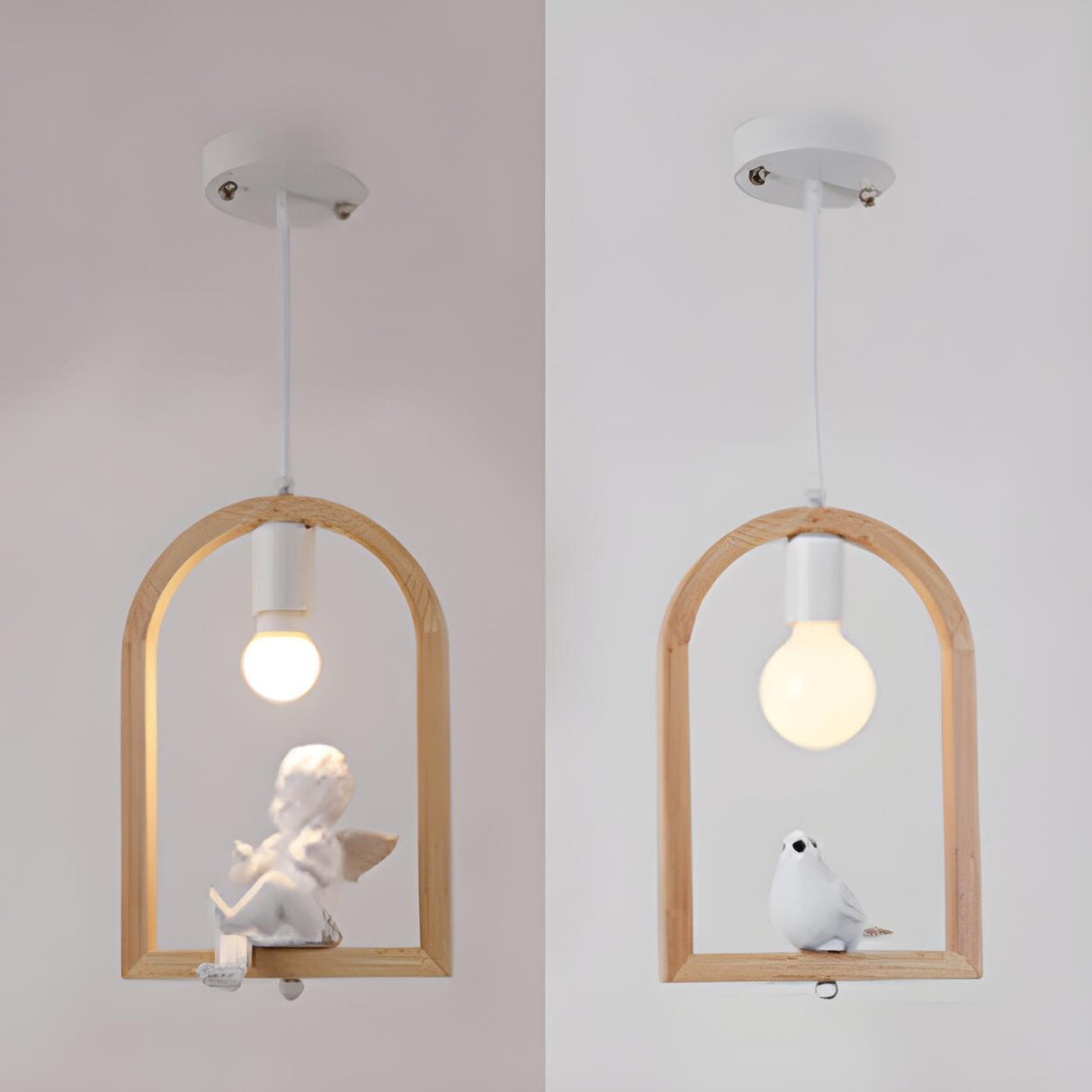 Modern Wooden Arch Angel and Bird Bedroom Pendant Light Image - 1