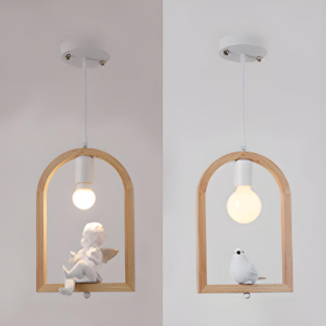 Modern Wooden Arch Angel and Bird Bedroom Pendant Light Image - 1