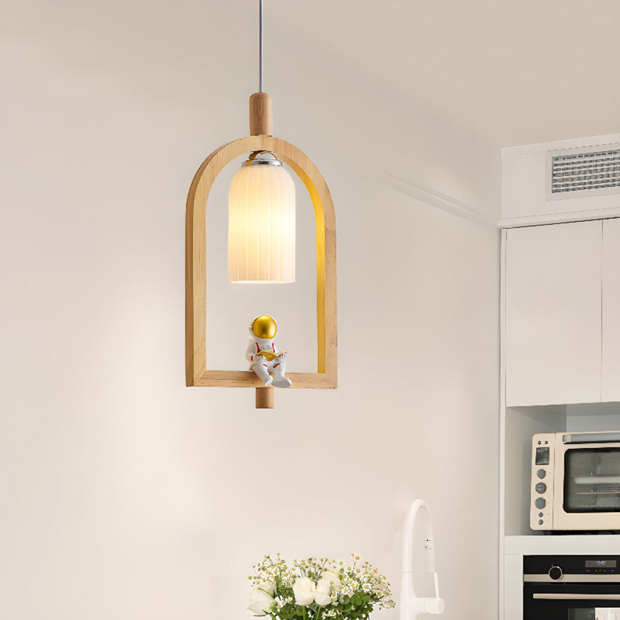 Modern Wooden Arch Barrel Astronaut Pendant Light Kids Room Image - 3