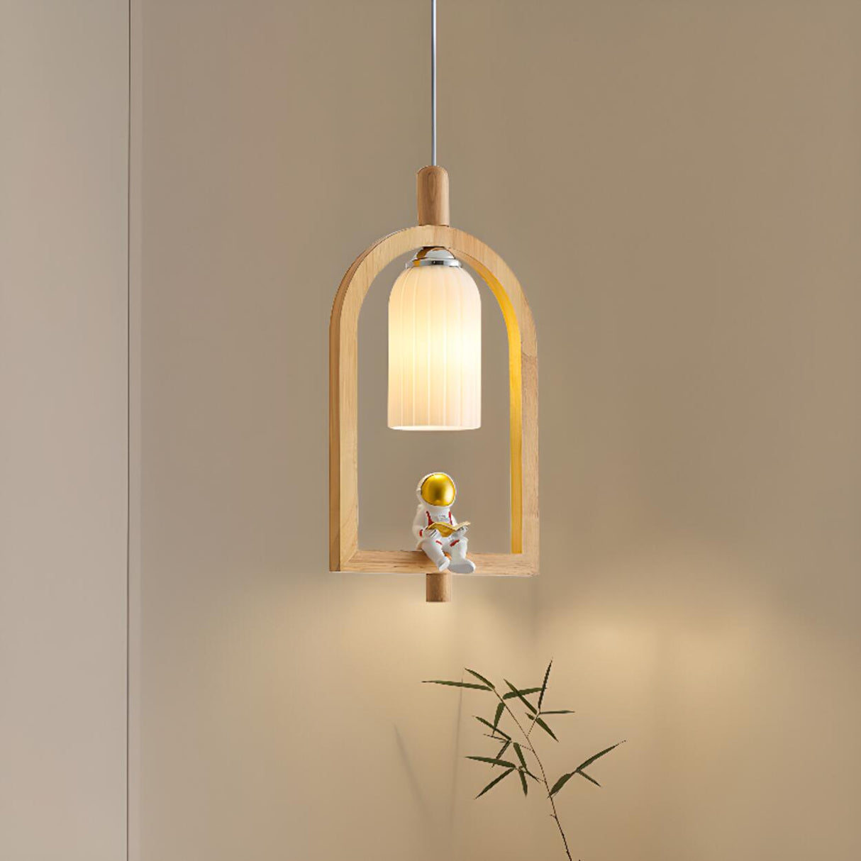 Modern Wooden Arch Barrel Astronaut Pendant Light Kids Room Image - 4