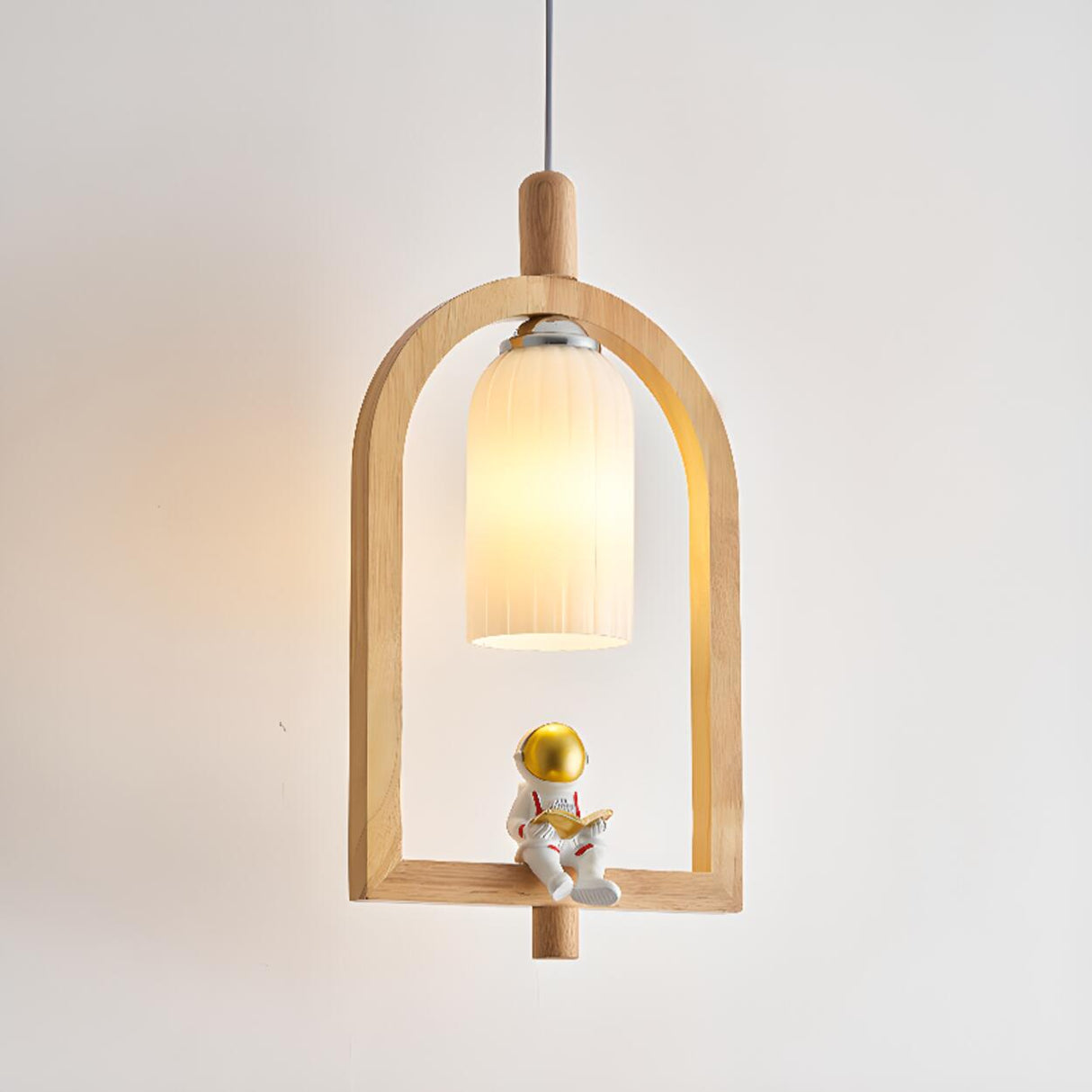 Modern Wooden Arch Barrel Astronaut Pendant Light Kids Room Image - 8