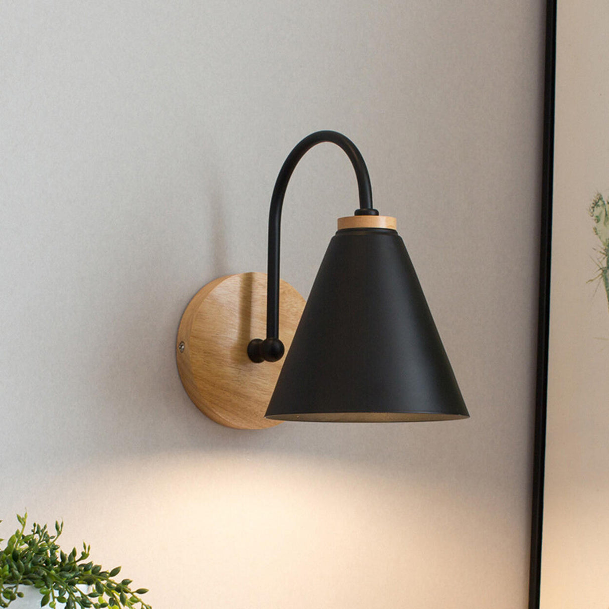 Modern Wooden Base Cone Metal Shade Wall Sconce Image - 1