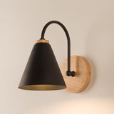 Modern Wooden Base Cone Metal Shade Wall Sconce Image - 3