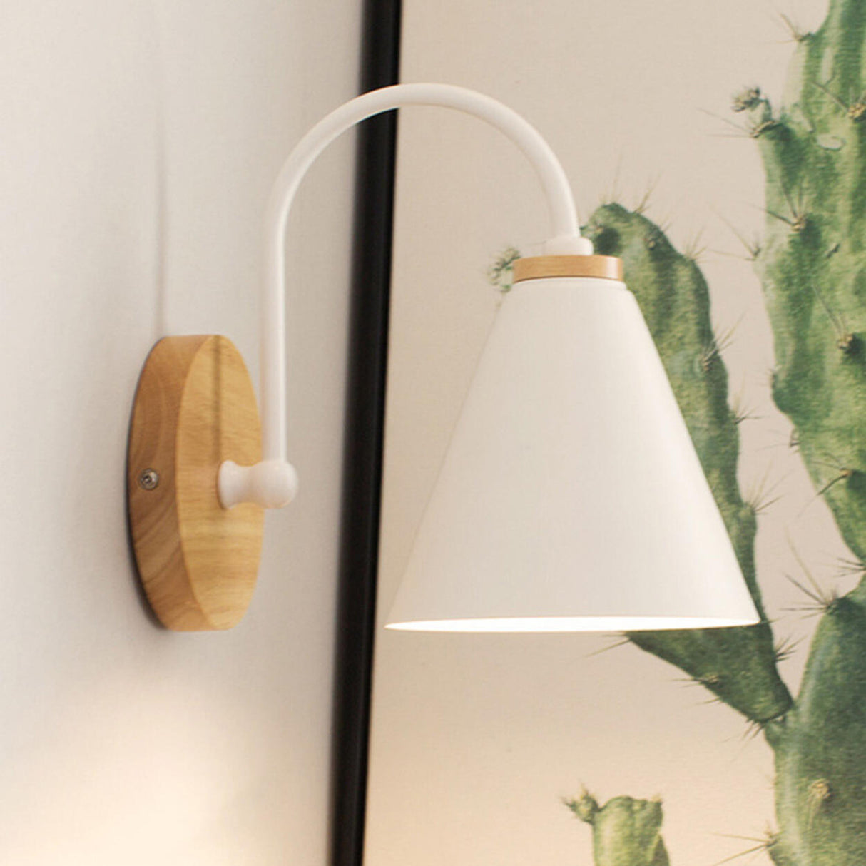 Modern Wooden Base Cone Metal Shade Wall Sconce Image - 4