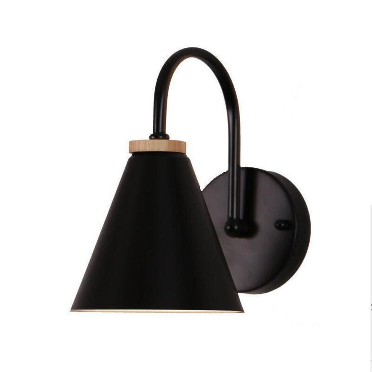 Modern Wooden Base Cone Metal Shade Wall Sconce Image - 5