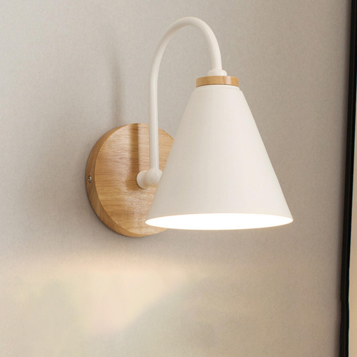 Modern Wooden Base Cone Metal Shade Wall Sconce Image - 7