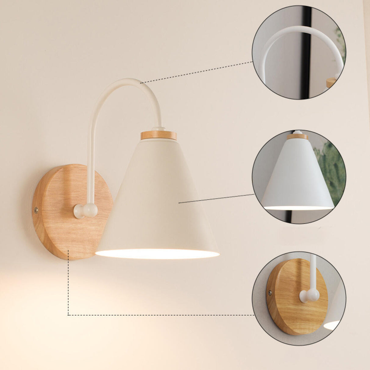 Modern Wooden Base Cone Metal Shade Wall Sconce Image - 9