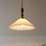 Modern Wooden Beige Pleated Fabric Cone Pendant Light Image - 1