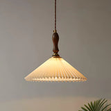 Modern Wooden Beige Pleated Fabric Cone Pendant Light Image - 2