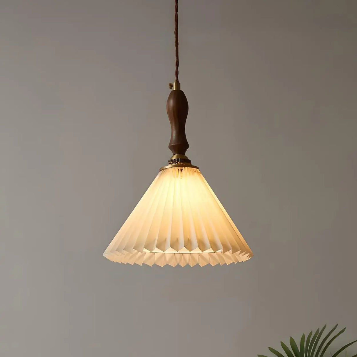 Modern Wooden Beige Pleated Fabric Cone Pendant Light Image - 3