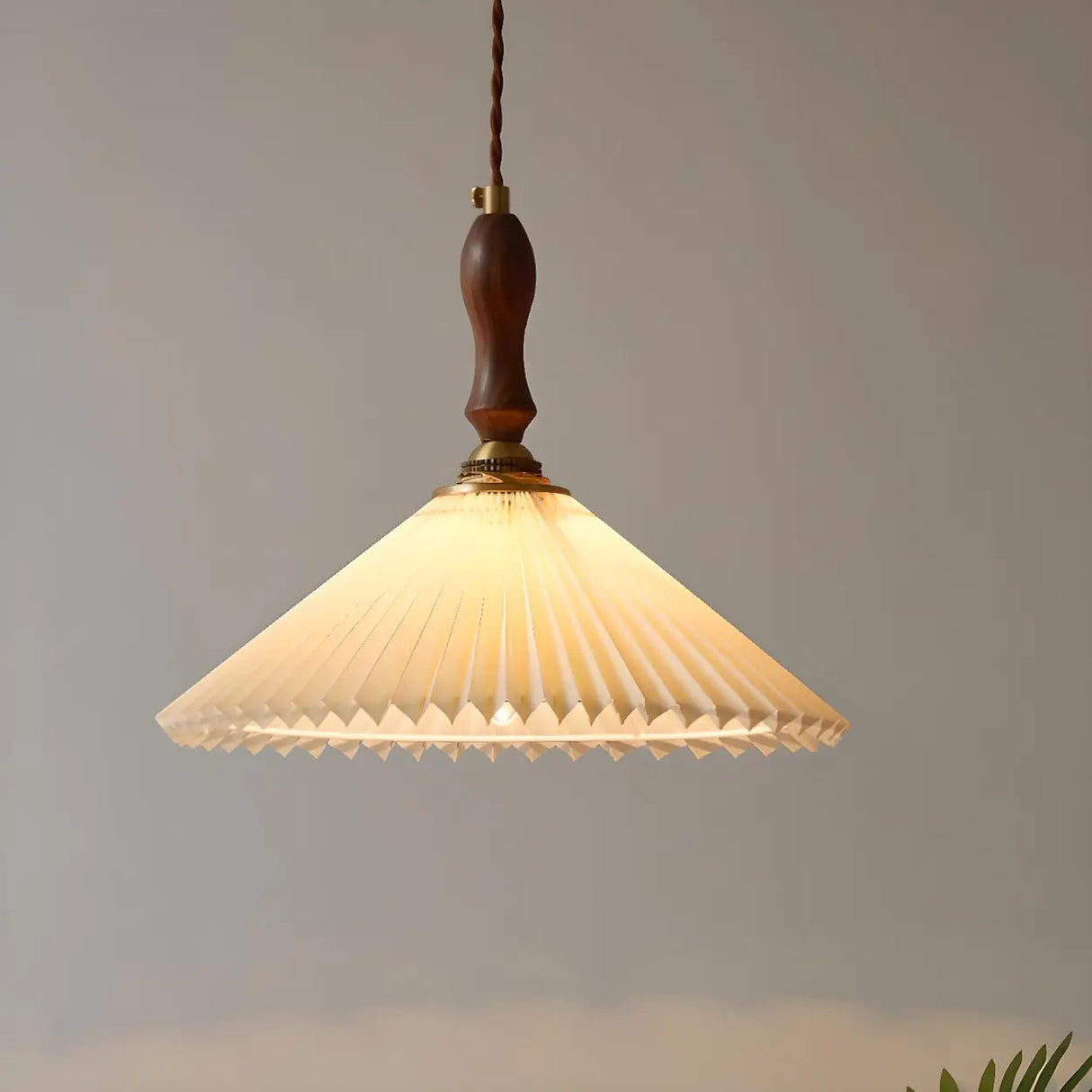 Modern Wooden Beige Pleated Fabric Cone Pendant Light Image - 4