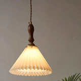 Modern Wooden Beige Pleated Fabric Cone Pendant Light Image - 5