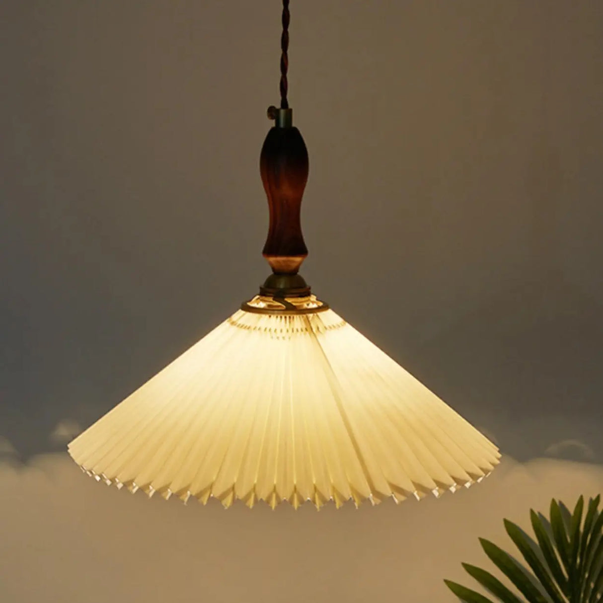 Modern Wooden Beige Pleated Fabric Cone Pendant Light Image - 6