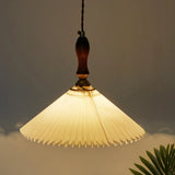 Modern Wooden Beige Pleated Fabric Cone Pendant Light Image - 6