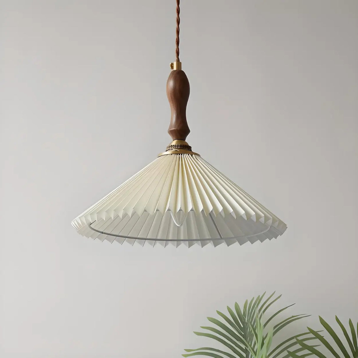 Modern Wooden Beige Pleated Fabric Cone Pendant Light Image - 7