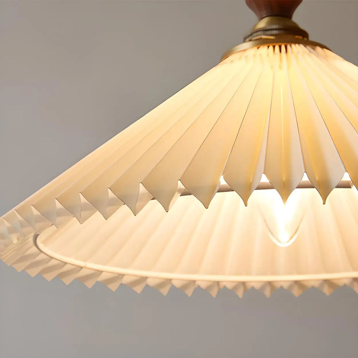 Modern Wooden Beige Pleated Fabric Cone Pendant Light Image - 8