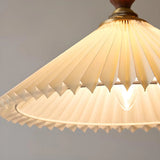 Modern Wooden Beige Pleated Fabric Cone Pendant Light Image - 8