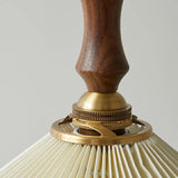 Modern Wooden Beige Pleated Fabric Cone Pendant Light Image - 9