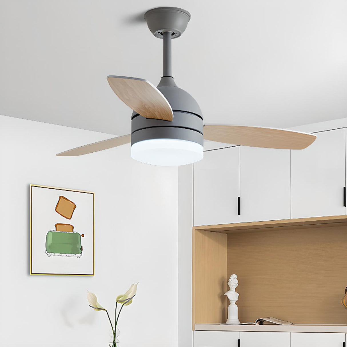 Modern Wooden Blades White Ceiling Fan with LED Light Image - 4