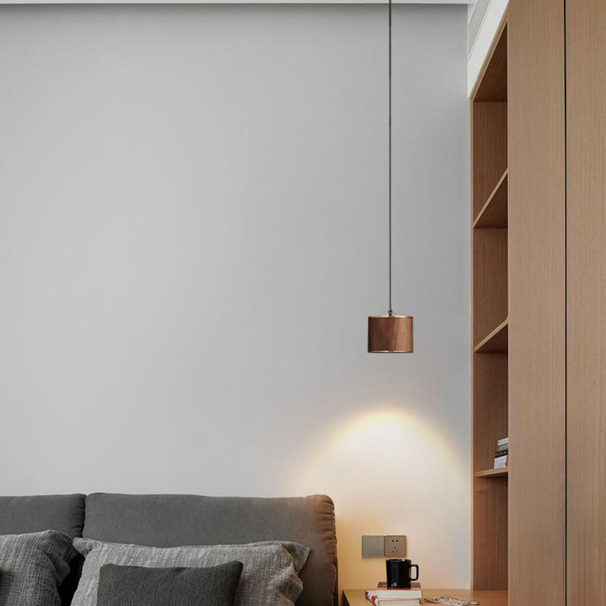 Modern Wooden Cylinder Pendant Light Adjustable Cord Image - 3