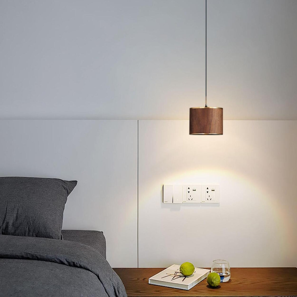 Modern Wooden Cylinder Pendant Light Adjustable Cord Image - 4