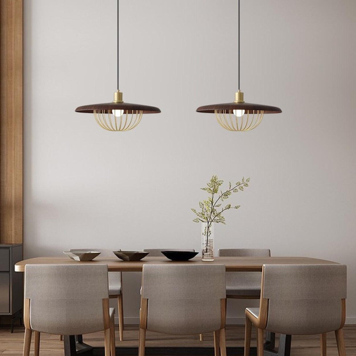 Modern Wooden Disc Angular Brass Cage Pendant Light Image - 1