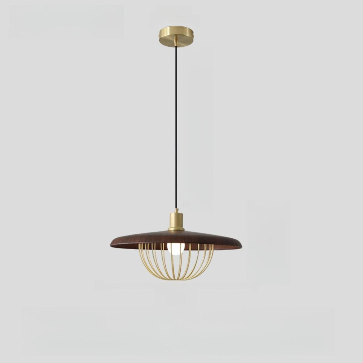 Modern Wooden Disc Angular Brass Cage Pendant Light Image - 10