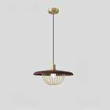 Modern Wooden Disc Angular Brass Cage Pendant Light Image - 10