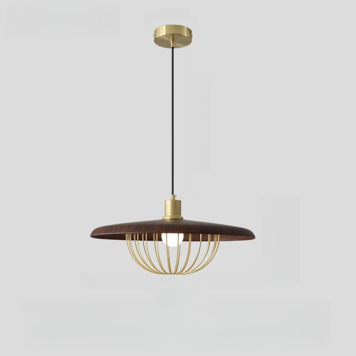 Modern Wooden Disc Angular Brass Cage Pendant Light Image - 11