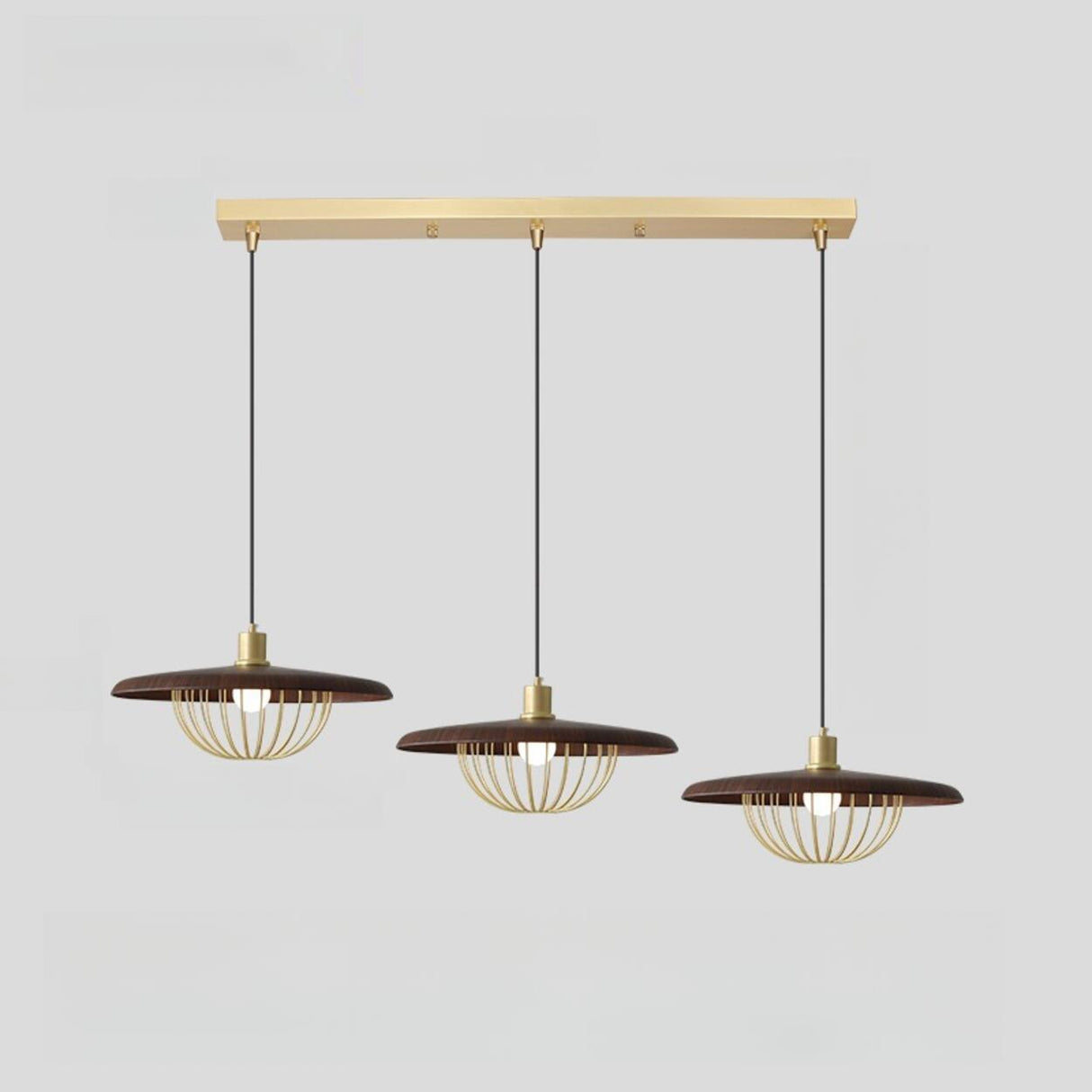 Modern Wooden Disc Angular Brass Cage Pendant Light Image - 13