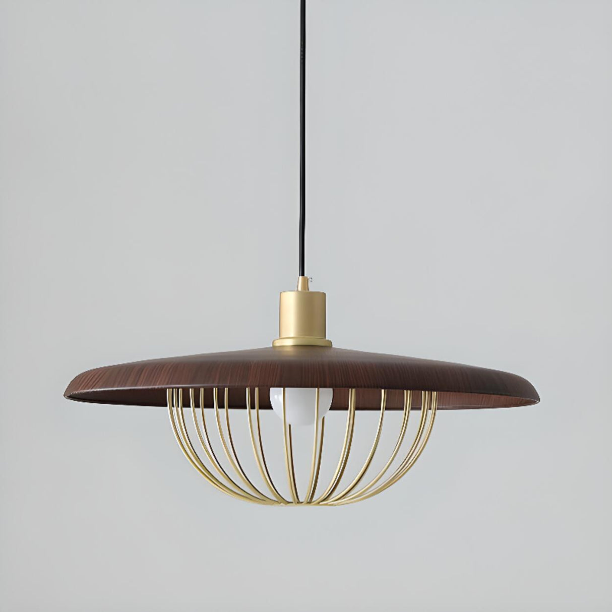 Modern Wooden Disc Angular Brass Cage Pendant Light Image - 14