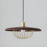 Modern Wooden Disc Angular Brass Cage Pendant Light Image - 14