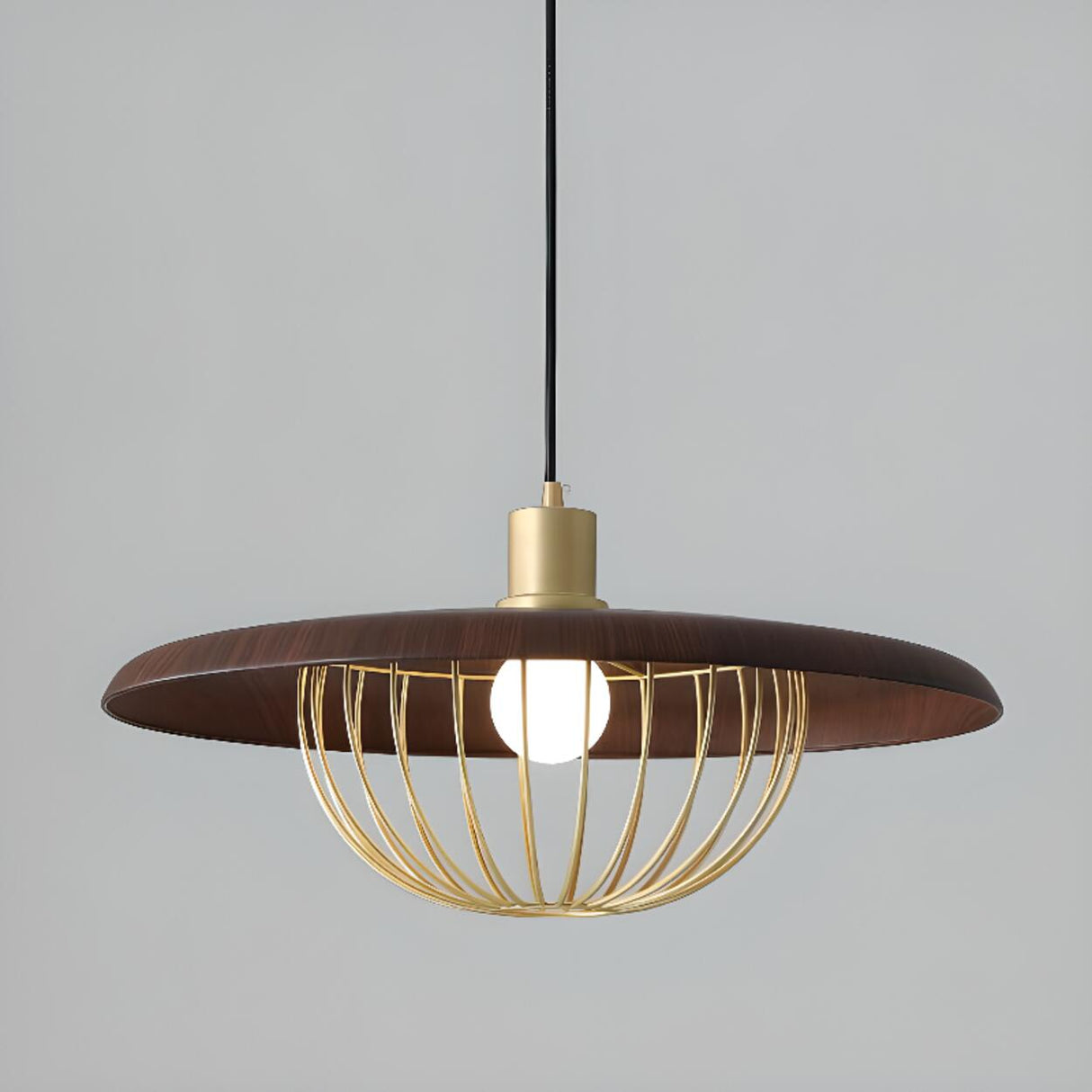 Modern Wooden Disc Angular Brass Cage Pendant Light Image - 15