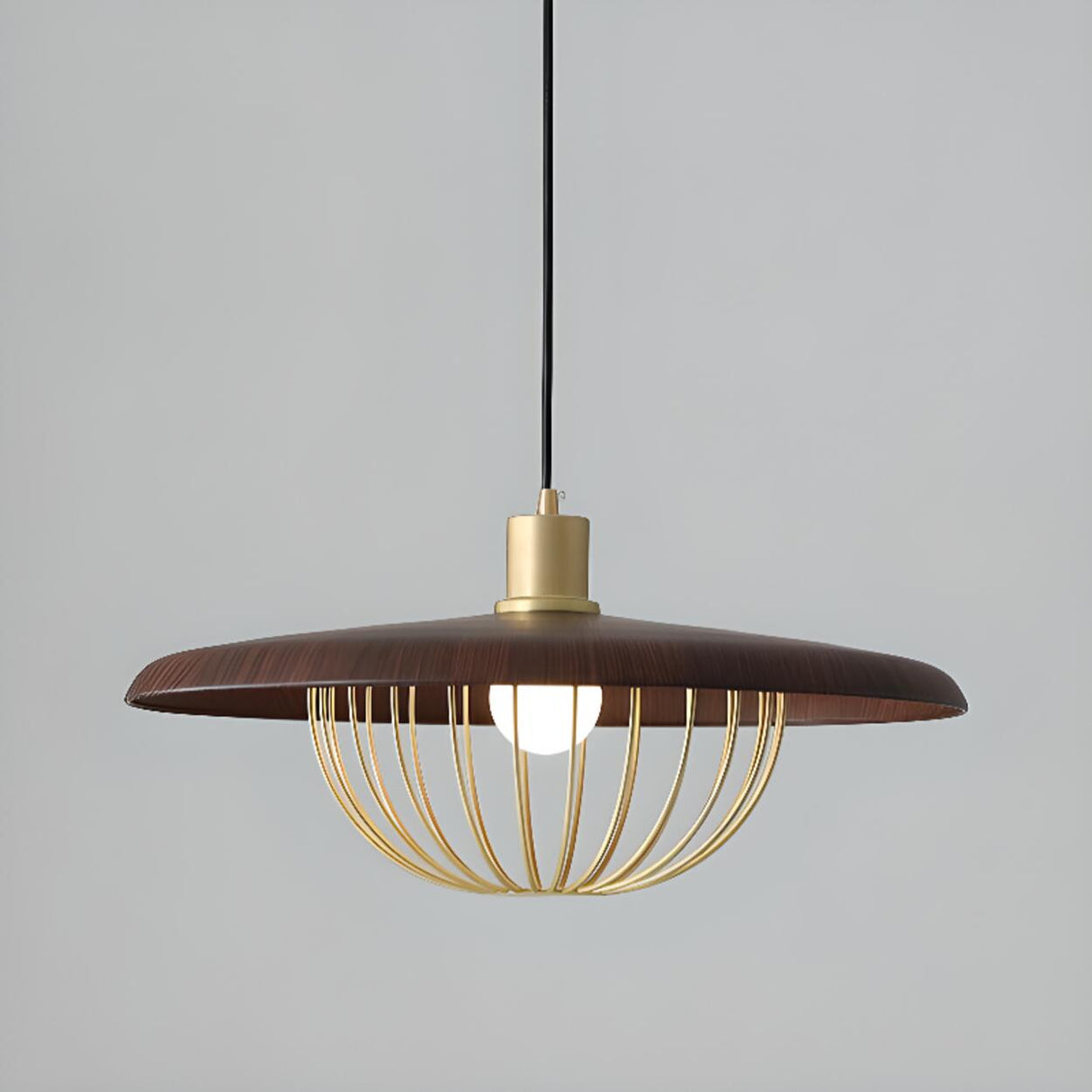 Modern Wooden Disc Angular Brass Cage Pendant Light Image - 16