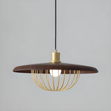 Modern Wooden Disc Angular Brass Cage Pendant Light Image - 16