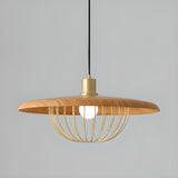 Modern Wooden Disc Angular Brass Cage Pendant Light Image - 17