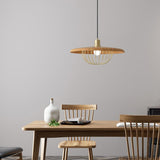 Modern Wooden Disc Angular Brass Cage Pendant Light Image - 2