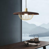 Modern Wooden Disc Angular Brass Cage Pendant Light Image - 3