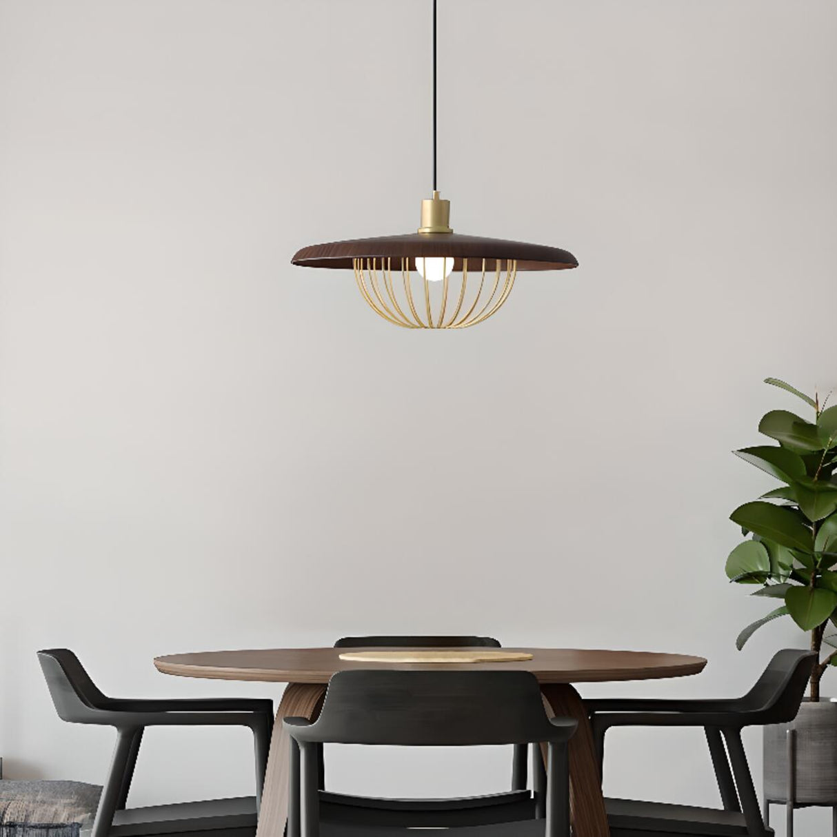 Modern Wooden Disc Angular Brass Cage Pendant Light Image - 4