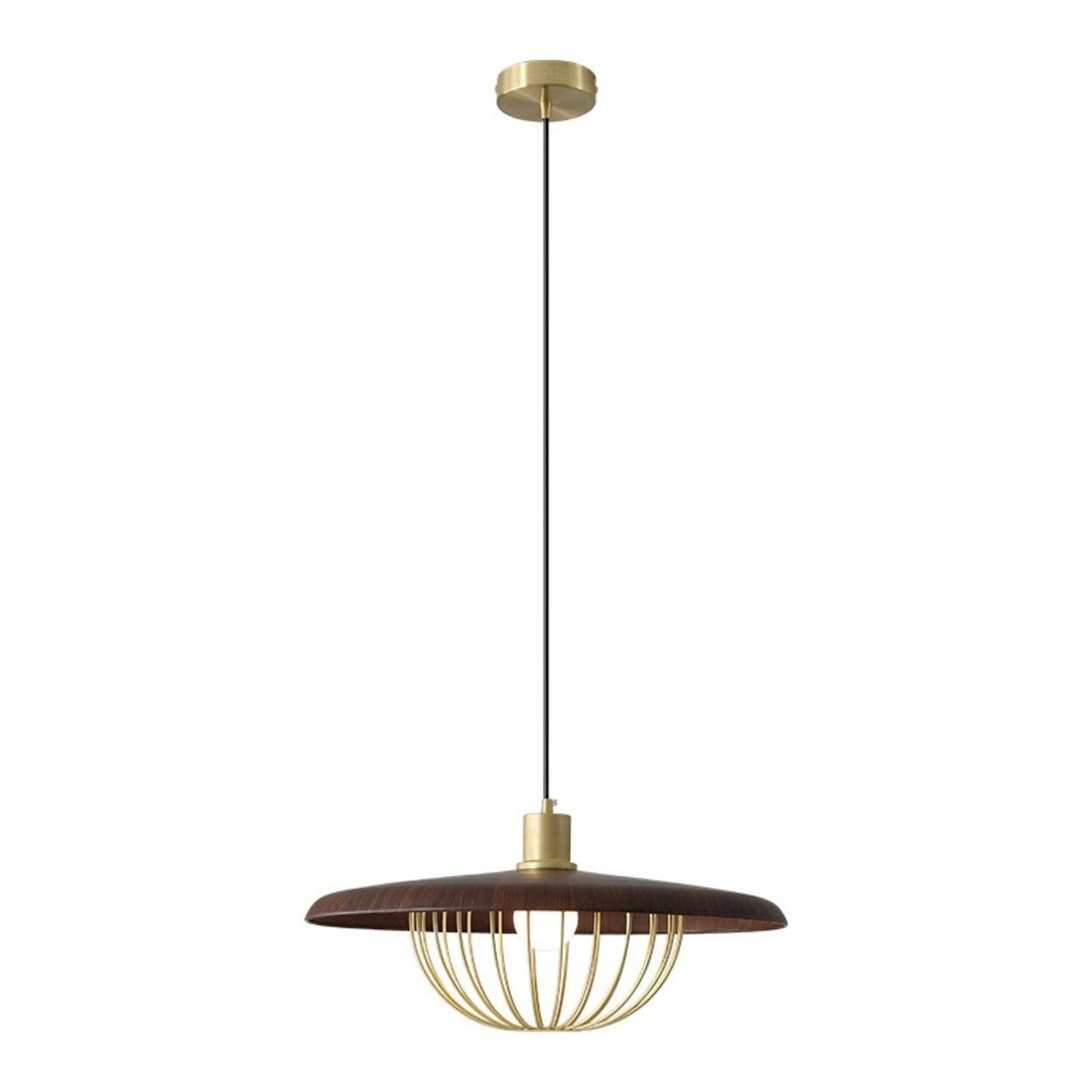 Modern Wooden Disc Angular Brass Cage Pendant Light Image - 5