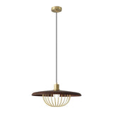 Modern Wooden Disc Angular Brass Cage Pendant Light Image - 5