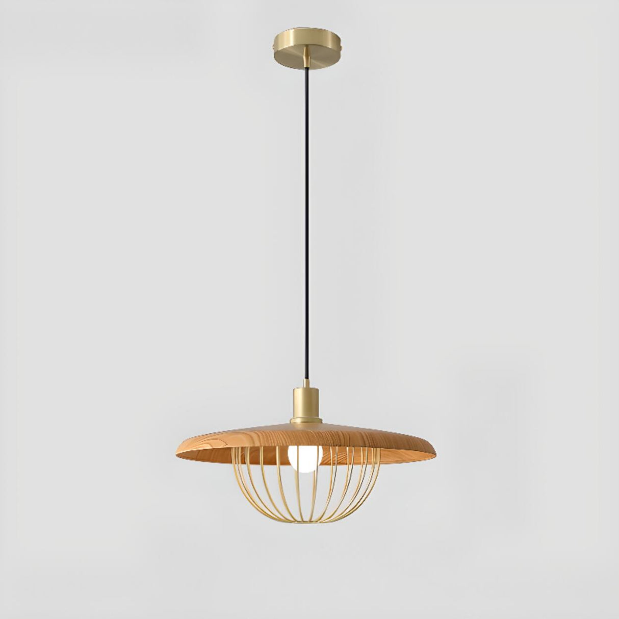 Modern Wooden Disc Angular Brass Cage Pendant Light Image - 6