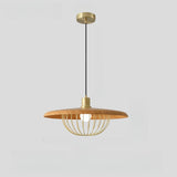 Modern Wooden Disc Angular Brass Cage Pendant Light Image - 7