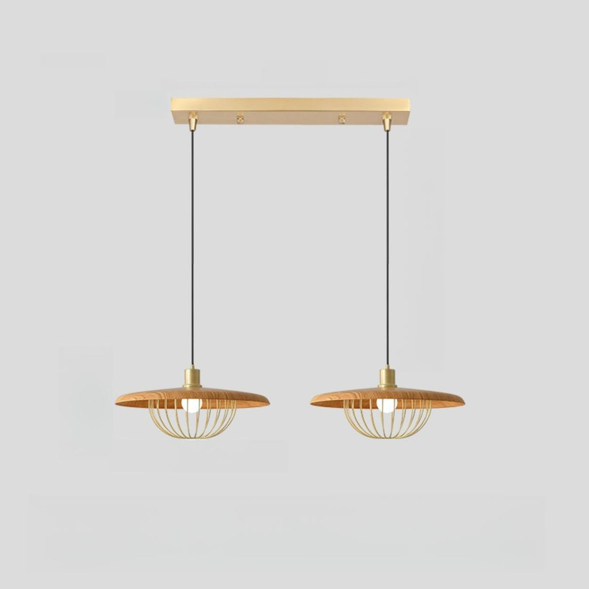 Modern Wooden Disc Angular Brass Cage Pendant Light Image - 8