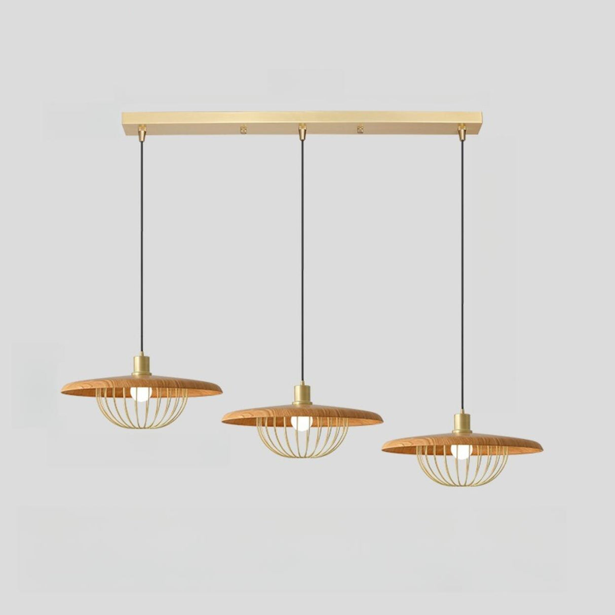 Modern Wooden Disc Angular Brass Cage Pendant Light Image - 9