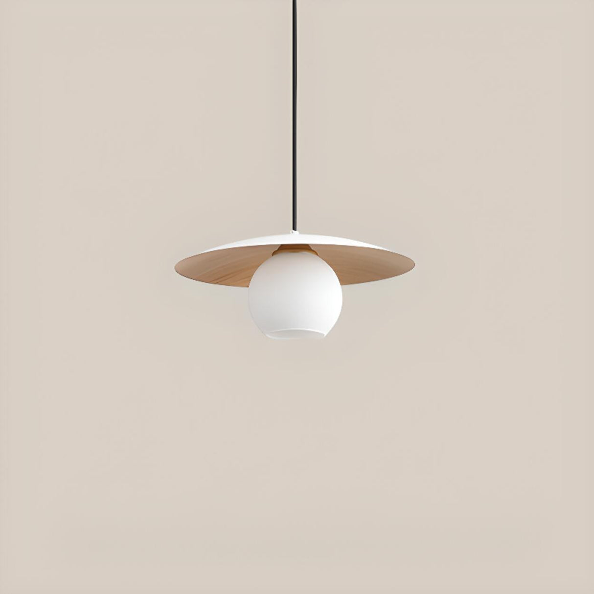 Modern Wooden Disc Globe Opal Glass UFO Pendant Light Image - 10