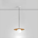 Modern Wooden Disc Globe Opal Glass UFO Pendant Light Image - 2