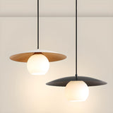 Modern Wooden Disc Globe Opal Glass UFO Pendant Light Image - 7